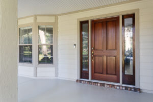 Wood front entry door with sidelights and covered porch on custom home